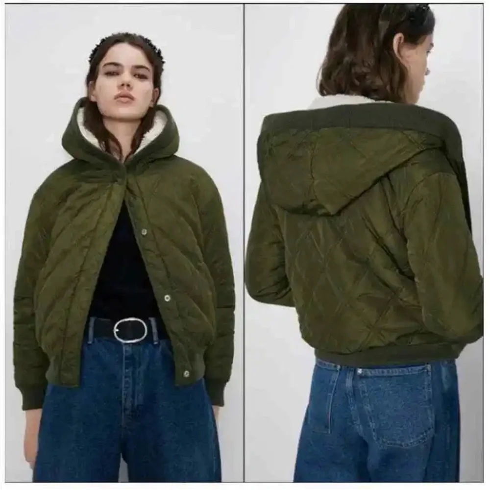 New Zara Reversible Faux Shearling Green Quilted Jacket Small - Picture 2 of 3